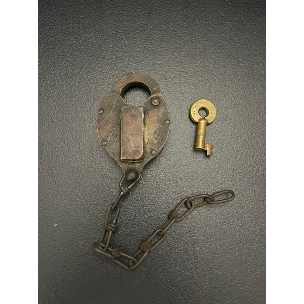 Adlake Burlington Railroad Brass Heart Padlock with Key and Chain Antique RR
